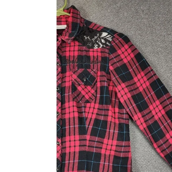 Harley Davidson Womens‎ XS Plaid Button Down Shirt Lace Embellished Western - Picture 2 of 12